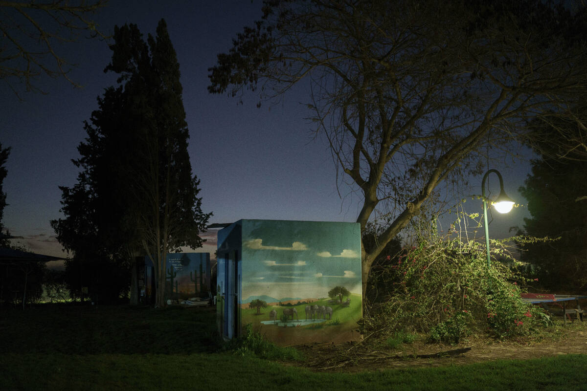 A rocket shelter is decorated with images of elephants at Kibbutz Nahal Oz, Israel, Wednesday, ...