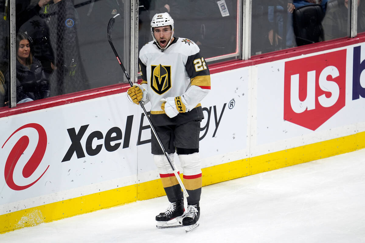 Vegas Golden Knights right wing Michael Amadio (22) celebrates after scoring during the third p ...