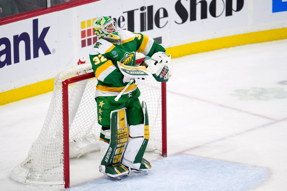 Minnesota Wild goaltender Filip Gustavsson (32) stands in the goal after giving up a goal to Ve ...