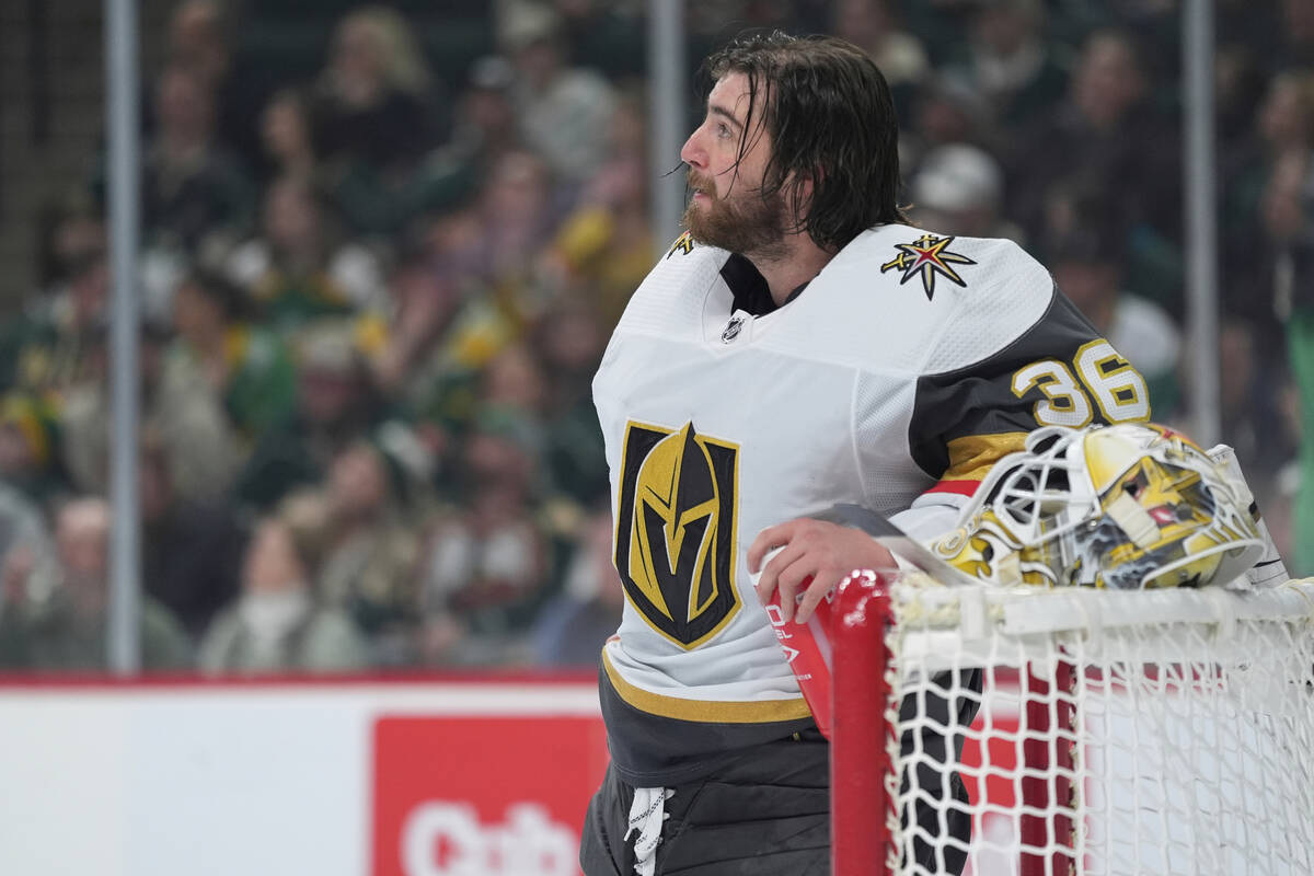 Vegas Golden Knights goaltender Logan Thompson (36) stands in the goal during an ice-cleaning b ...