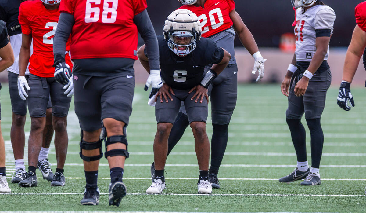 UNLV quarterback Hajj-Malik Williams (6) stretches during spring football practice at the Ferti ...