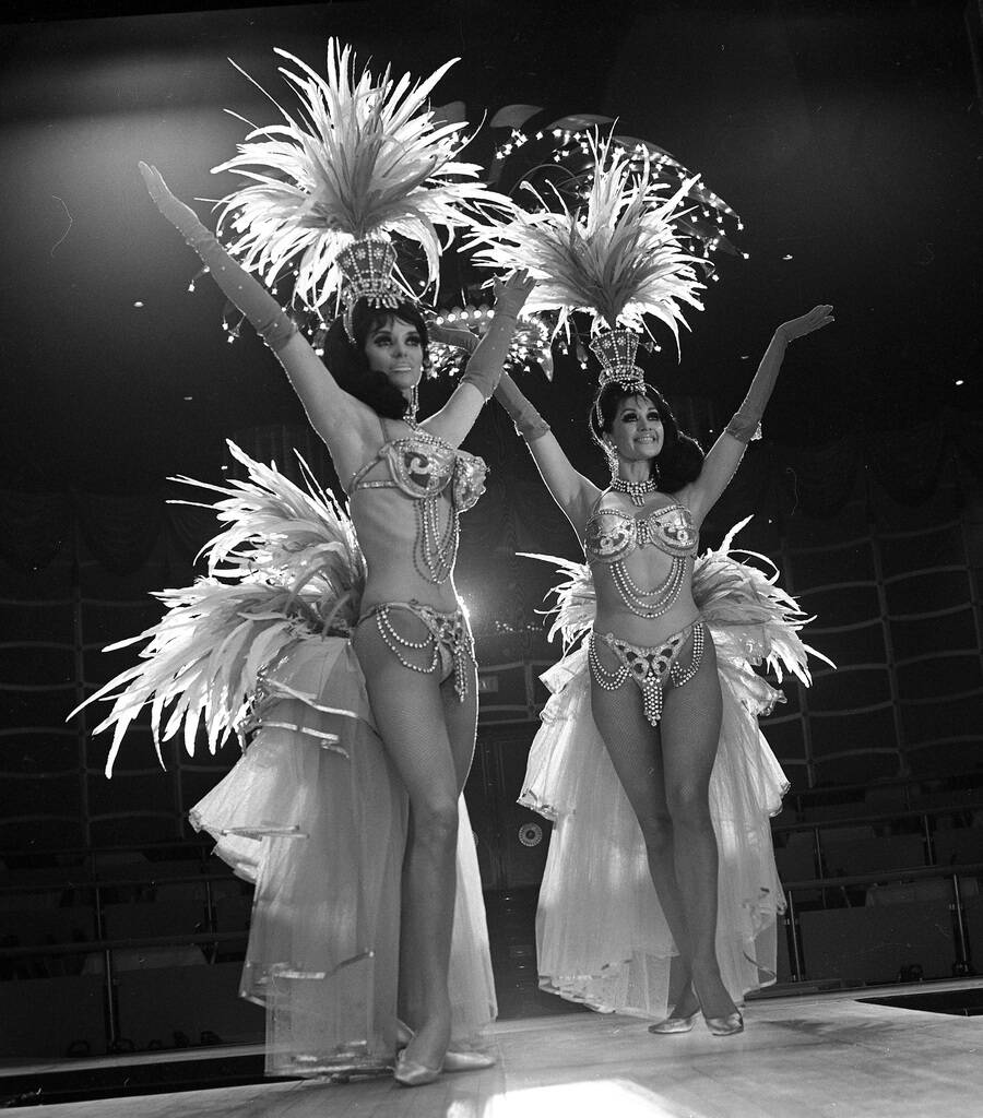 Tropicana, Folies Bergere showgirls Felicia Atkins (front) and Joyce Grayson (back) on Dec. 10, ...