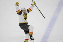 Vegas Golden Knights center William Karlsson celebrates after an overtime win against the Minne ...