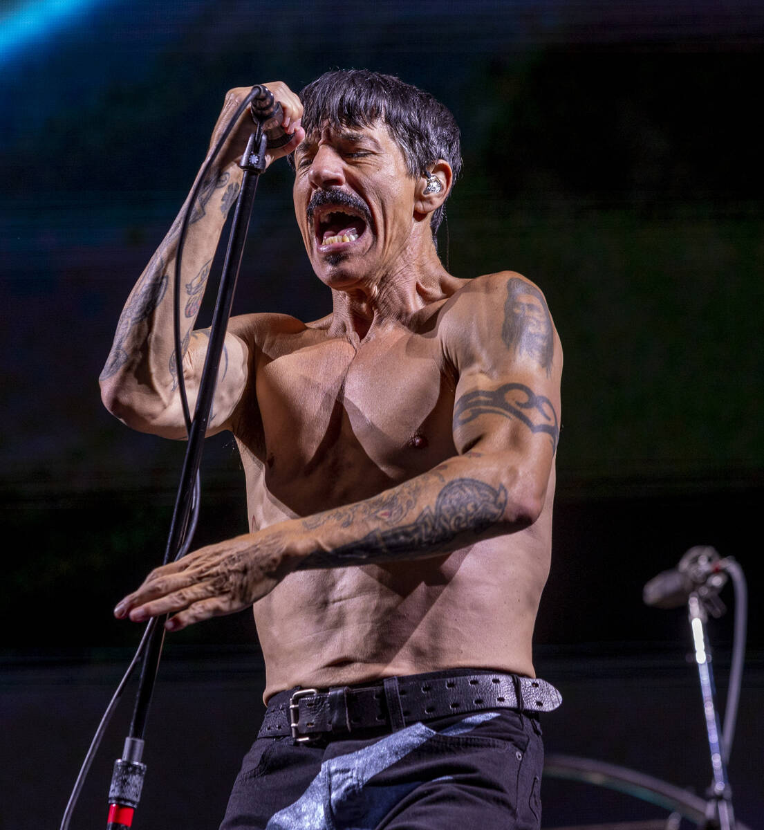 Lead singer Anthony Kiedis performs with The Red Hot Chili Peppers at Allegiant Stadium on Satu ...