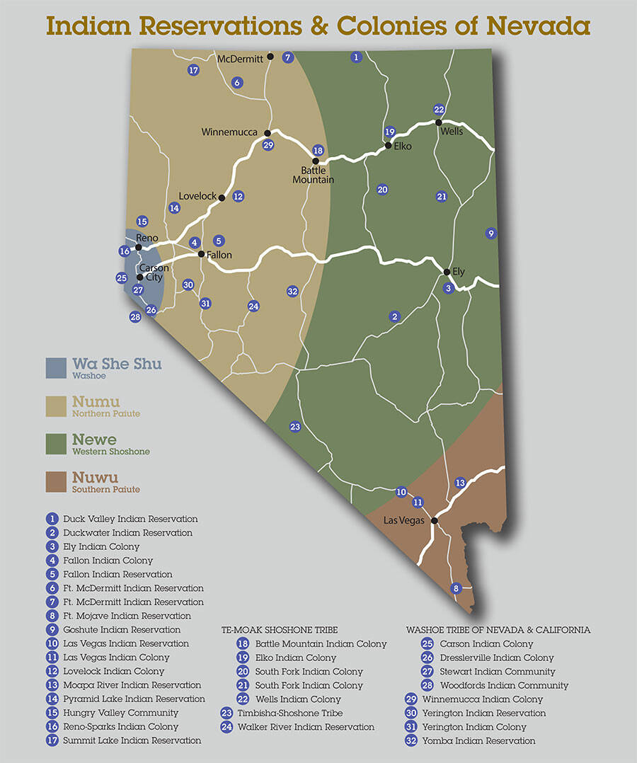 A map of Nevada's Native American tribes, as provided by the Nevada Indian Commission.