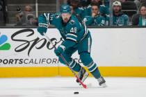 FILE San Jose Sharks center Tomas Hertl skates with the puck against the Los Angeles Kings duri ...