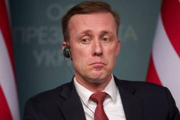 White House national security adviser Jake Sullivan grimaces during a joint press conference wi ...