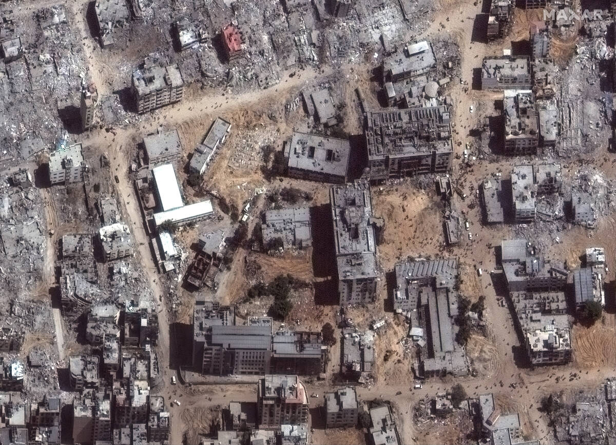 This satellite image provided by Maxar Technologies shows an overview of Al Shifa hospital and ...
