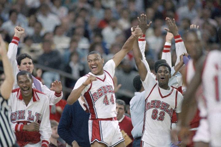 University of Nevada-Las Vegas Rebels Jarvis Basnight (44) and Gary Graham (32) show their joy ...