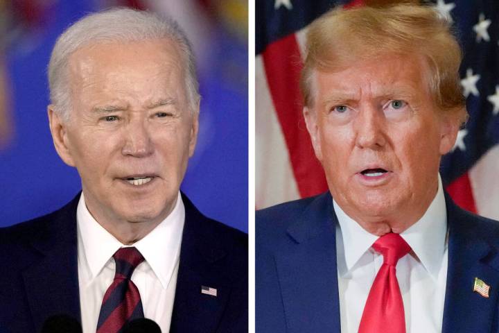 In this combination photo, President Joe Biden speaks in Milwaukee, March 13, 2024, left, and f ...