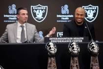 Tom Telesco, left, and Antonio Pierce joke about Week 15 Raiders-Chargers score as they are int ...