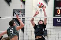 Arbor View’s Mark Blanchard gets a shot past Palo Verde’s Blake Madsen during an ...