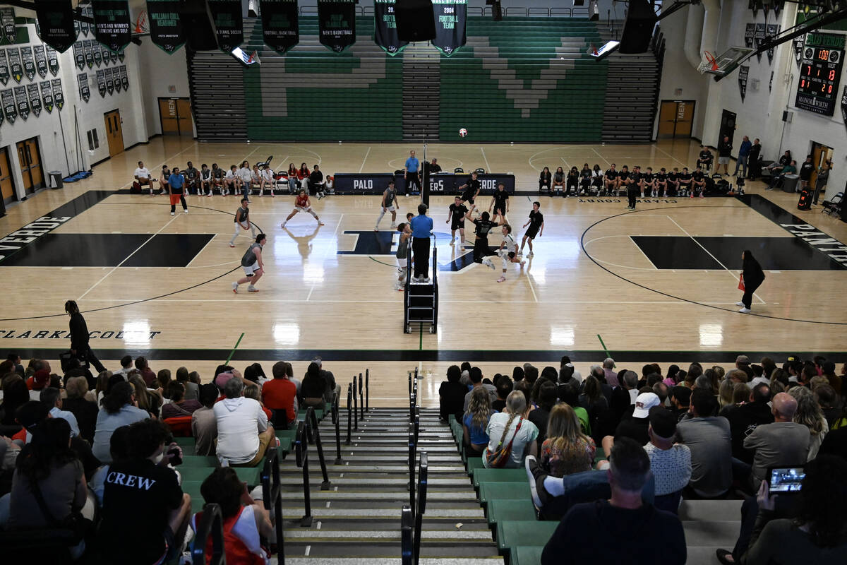 Arbor View, left, and Palo Verde compete in an NIAA volleyball game Tuesday, April 2, 2024 at P ...