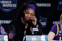 Angel Reese (10) of the LSU Tigers speaks with the media after losing to the Iowa Hawkeyes 94-8 ...