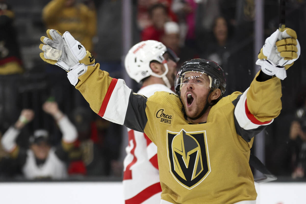 Golden Knights right wing Jonathan Marchessault (81) celebrates after scoring his second goal o ...