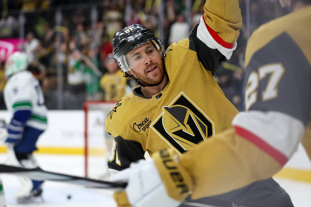 Golden Knights right wing Jonathan Marchessault (81) celebrates a score during the first period ...