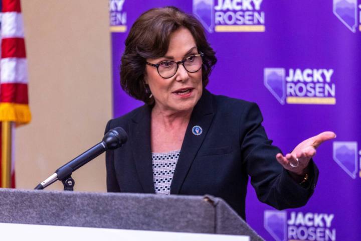 Sen. Jacky Rosen, D-Nev., speaks at a press conference to call on Brightline West’s project t ...