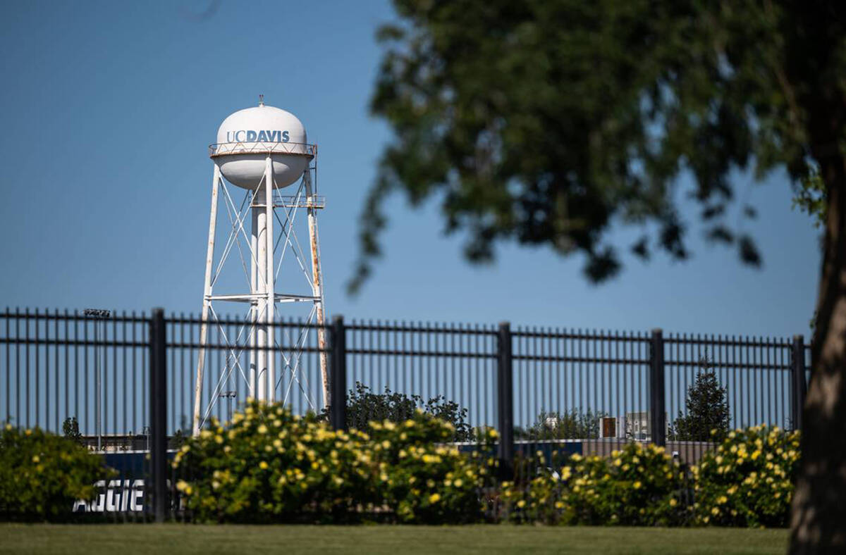 The UC Davis water tower, a local landmark, stands on campus on Saturday, April 23, 2022, in Da ...