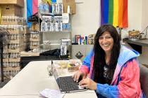 Jamie Lee Sprague-Ballou works on her laptop computer in the nonprofit Las Vegas TransPride off ...