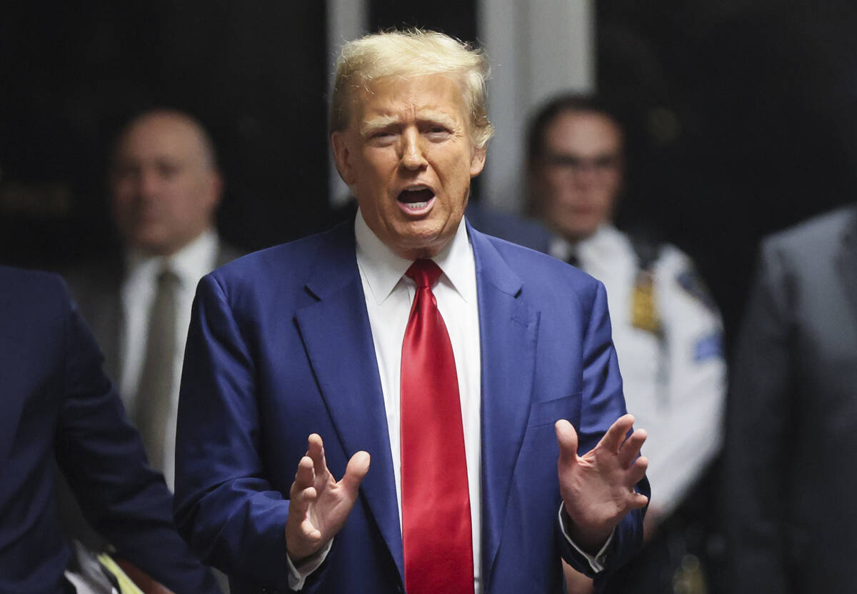 Former President Donald Trump speaks after hearing at New York Criminal Court, Monday, March 25 ...