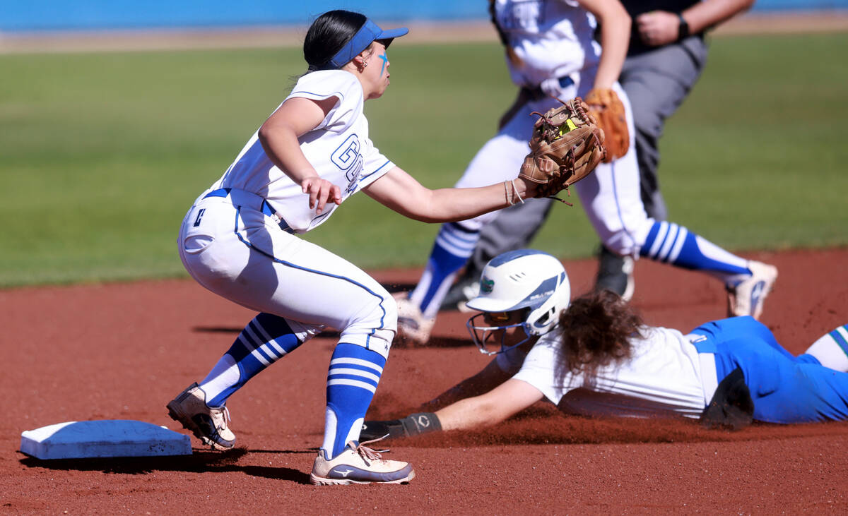 Green Valley baserunner Lyla Baxter (9) slides safely into second base as Bishop Gorman shortst ...