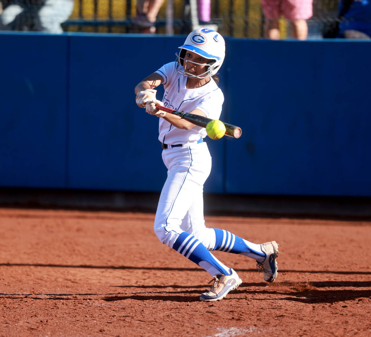 Bishop Gorman batter Brooklyn Hicks hits against Green Valley in the sixth inning of their soft ...