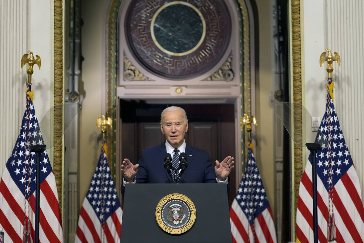 President Joe Biden speaks about lowering health care costs in the Indian Treaty Room at the Ei ...