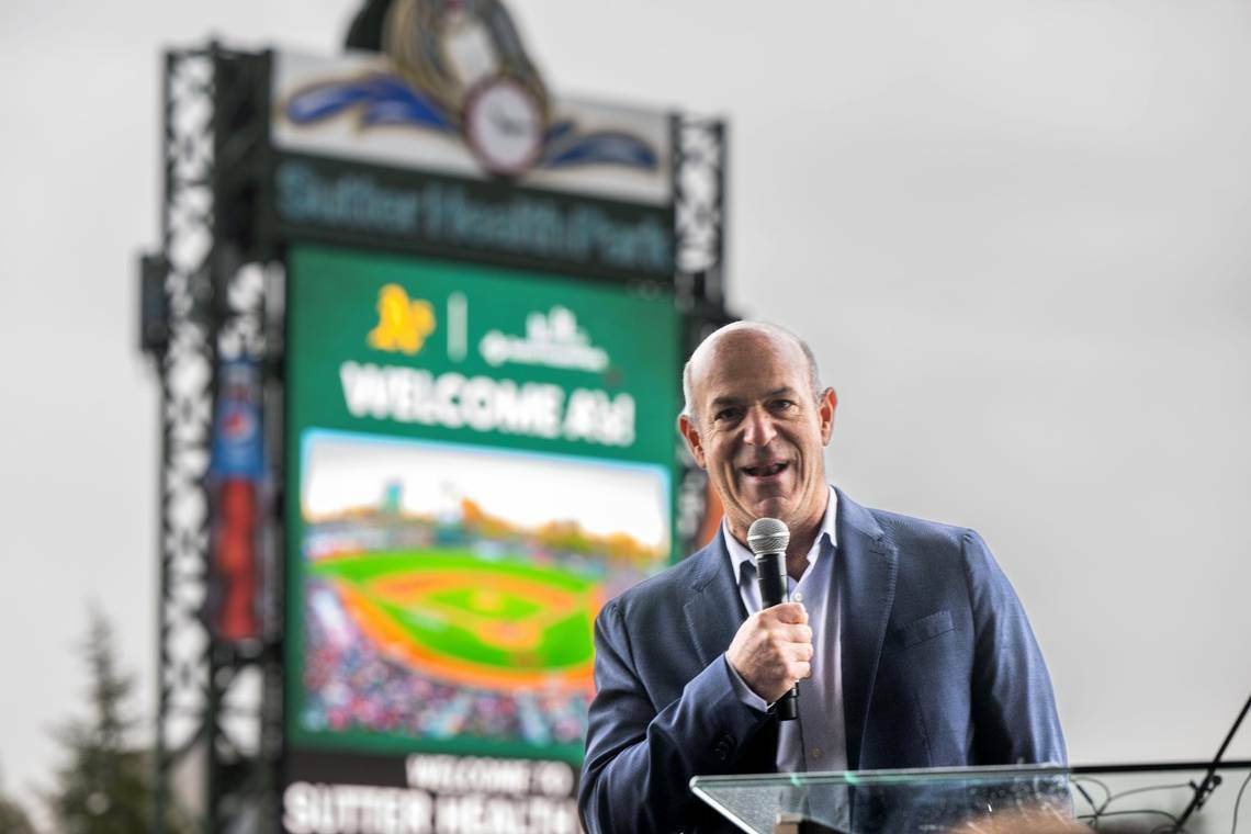Oakland Athletics owner John Fisher announces on Thursday, April 4, 2024, that the As will temp ...