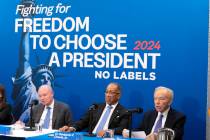 FILE - No Labels leadership and guests from left, Dan Webb, National Co-Chair Dr. Benjamin F. C ...