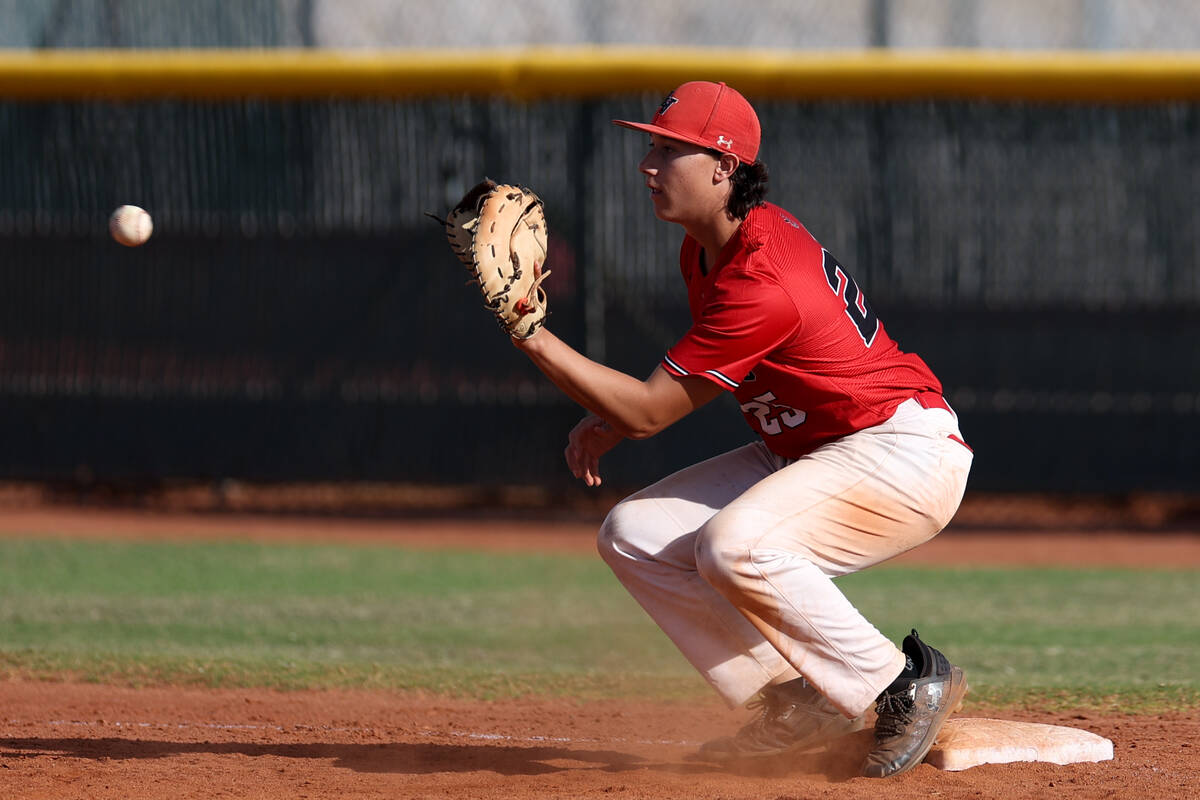 Las Vegas first baseman Dallas Martinez prepares to catch for an out on Palo Verde during a hig ...