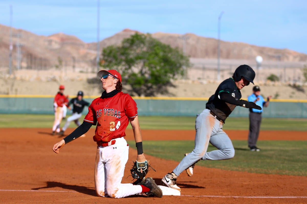 Las Vegas third baseman Joseph Ponticello (24) reacts after missing a catch while Palo Verde he ...