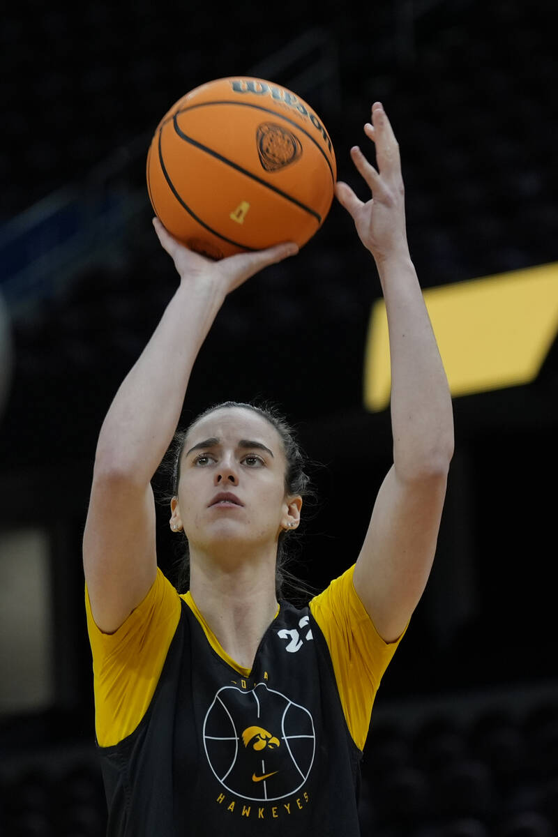 Iowa's Caitlin Clark shoots during a practice for an NCAA Women's Final Four semifinals basketb ...