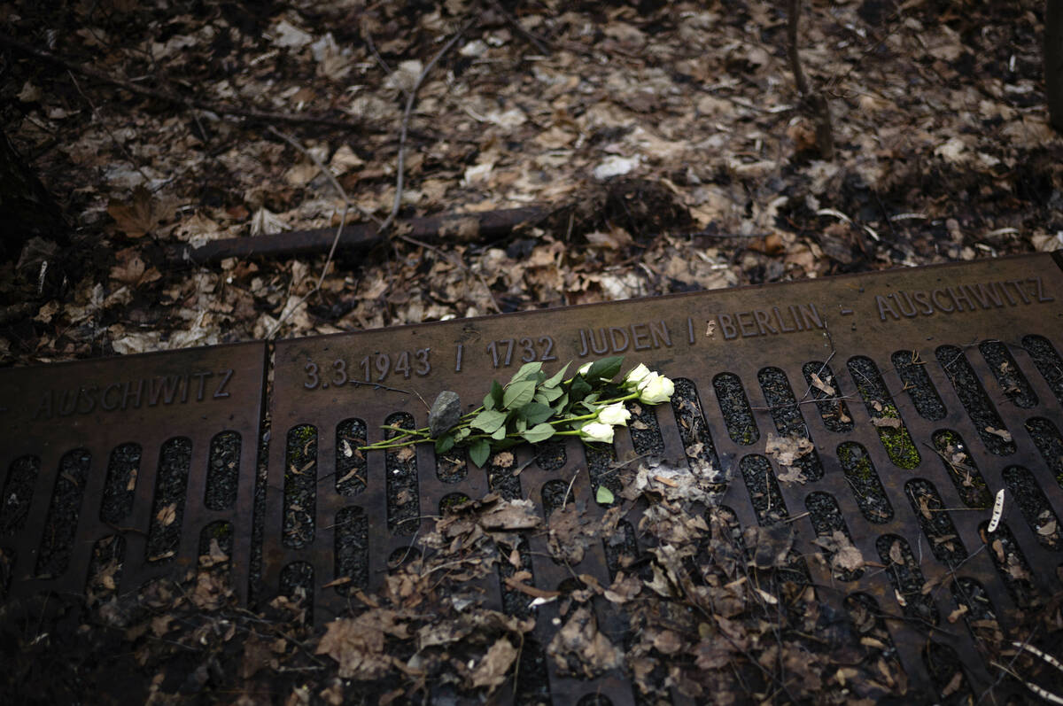 FILE - A white rose is placed at the 'Gleis 17', Track 17, the memorial site for the train tran ...