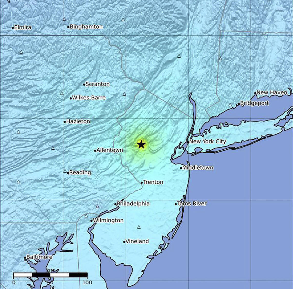 This image provided by U.S. Geological Survey shows the epicenter of an earthquake on the East ...