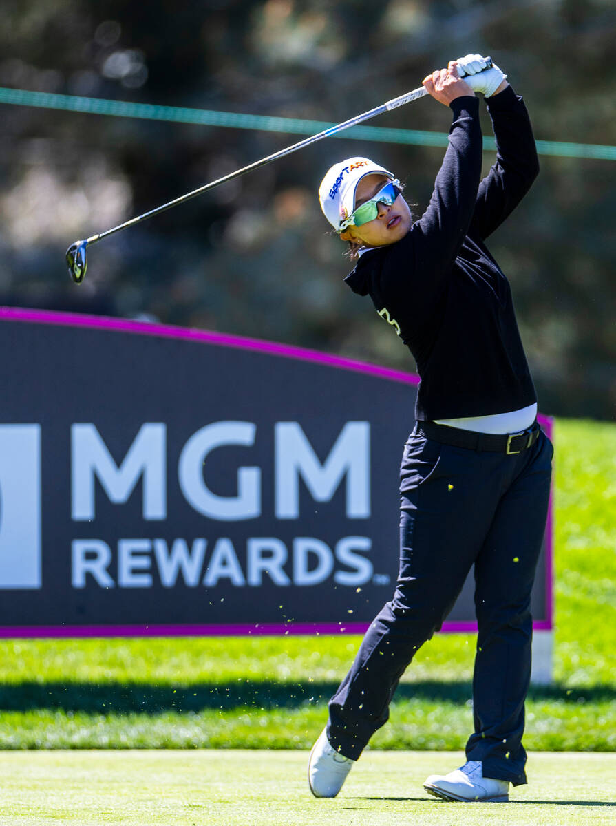 Sei Young Kim watches the ball off the tee at hole #1 during the third day of the LPGA T-Mobile ...