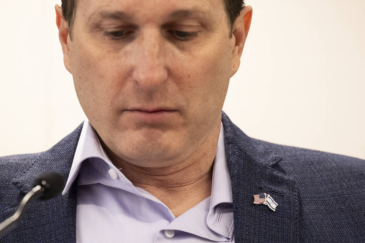 Congressman Dan Goldman is seen wearing a pin of American and Israeli flag during a press confe ...