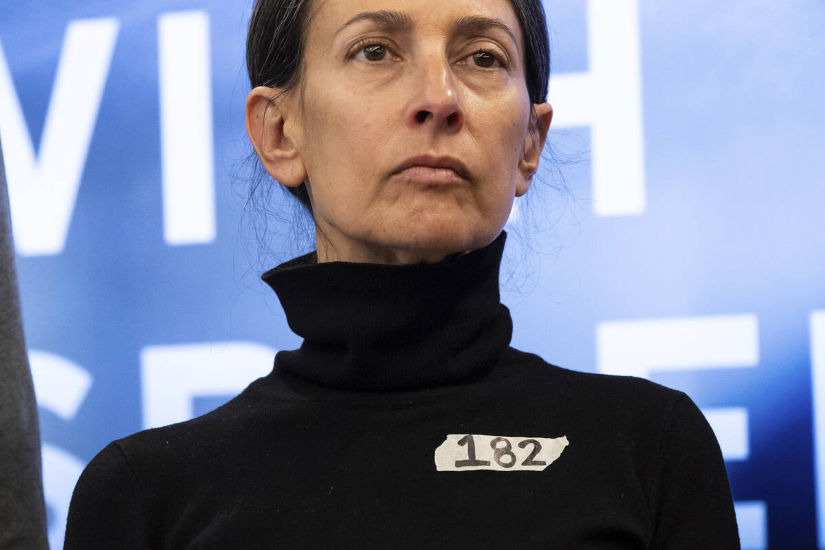 Rachel Goldberg, a mother of American hostage Hersh Goldberg-Polin, is seen wearing a sticker w ...