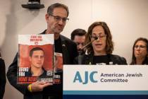 Ronen and Orna Neutra, parents of American hostage Omer Neutra, speak during a press conference ...