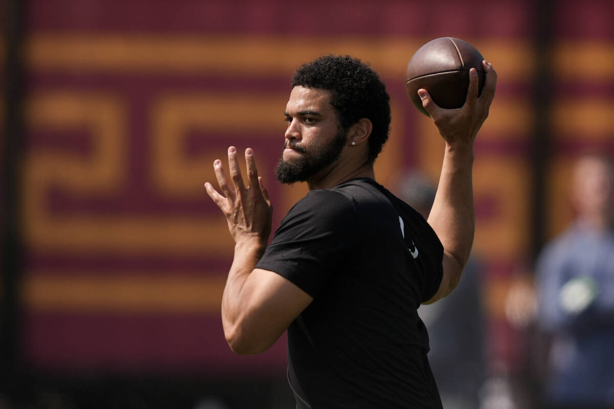 Southern California quarterback Caleb Williams throws at the school's NFL Pro Day, Wednesday, M ...