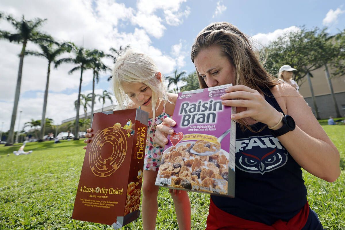Eliza Graffin, 4, and her mom, Alisha Shannon, of Boca Raton, use homemade solar eclipse viewer ...