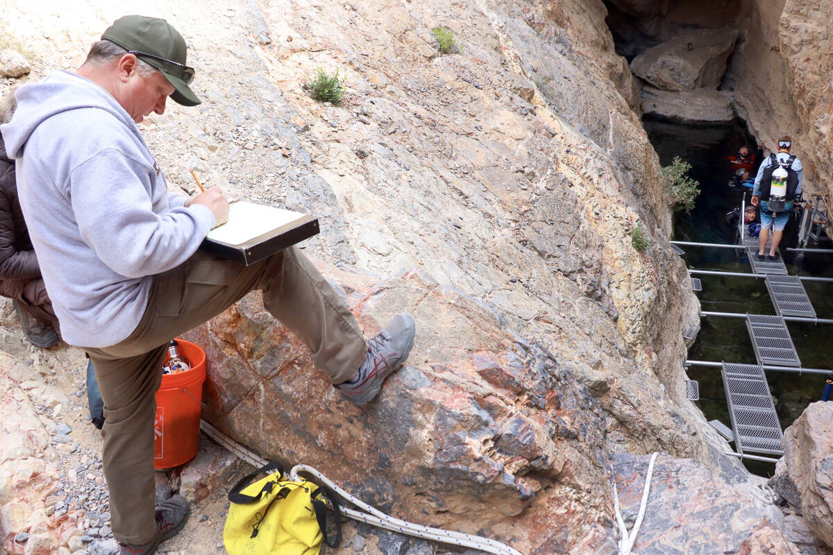Devils Hole Program Manager Kevin Wilson writes down counts of Devils Hole pupfish from divers ...