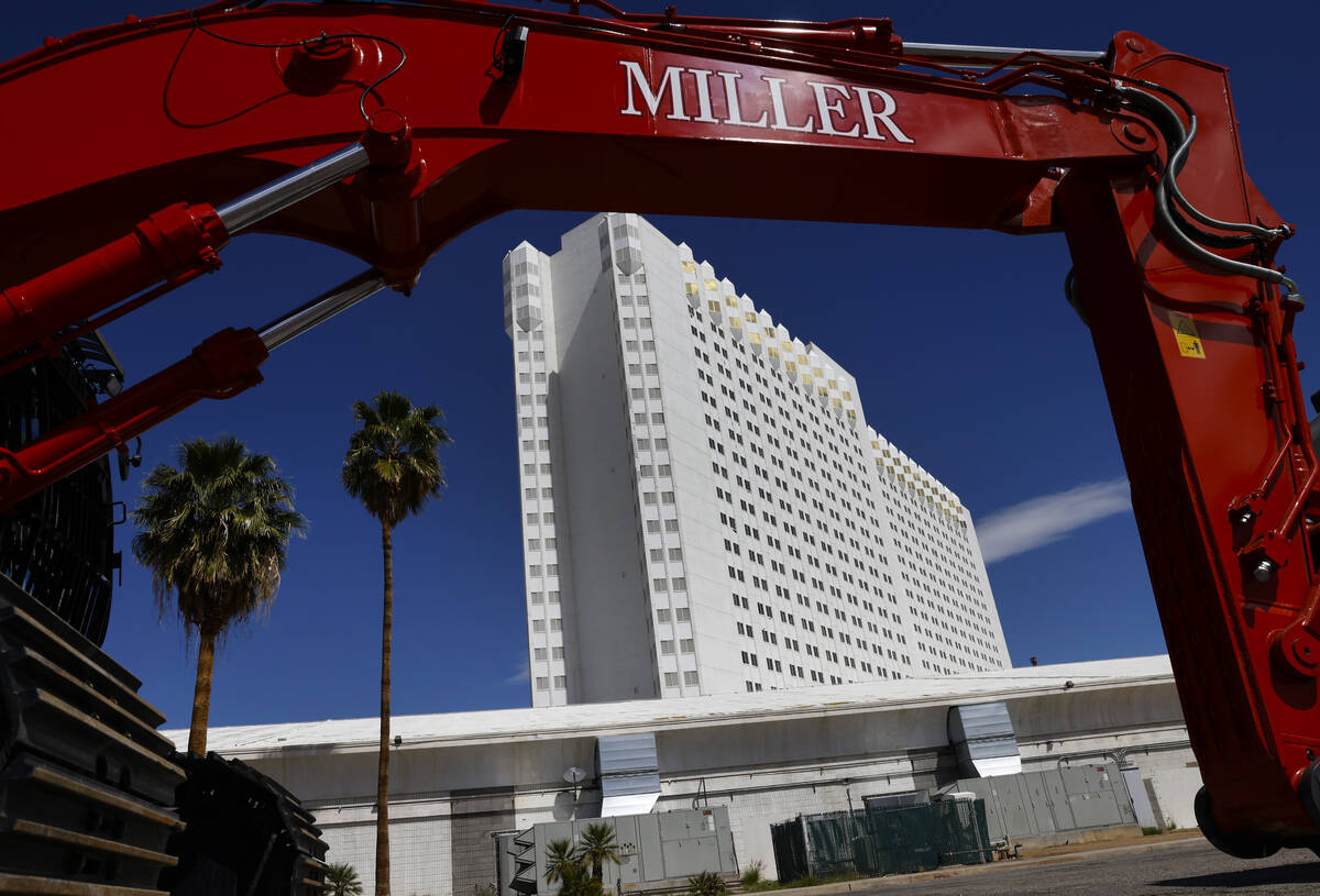 Heavy construction equipments are seen outside Tropicana hotel-casino, on Monday, April 1, 2024 ...