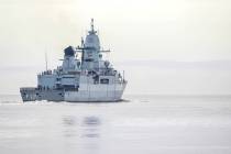 The frigate Hessen leaves the port at Wilhelmshaven, Germany, Thursday, Feb. 8, 2024, for the R ...