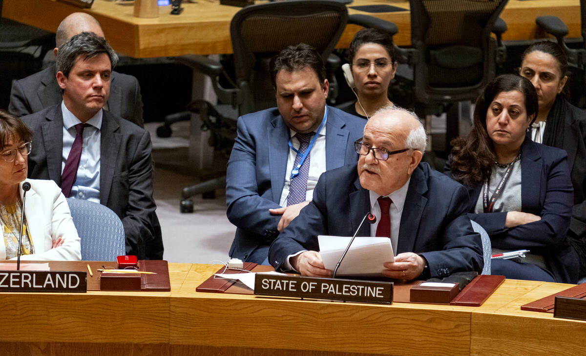 Palestinian Ambassador to the United Nations Riyad Mansour addresses United Nations Security Co ...
