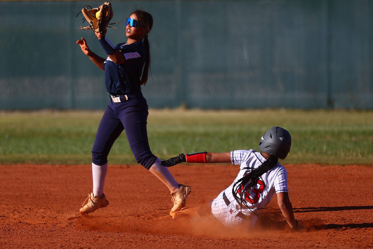 Coronado's Summer Gilliam (3) catches the ball to out Liberty's Aylani Toy (13) during a high s ...