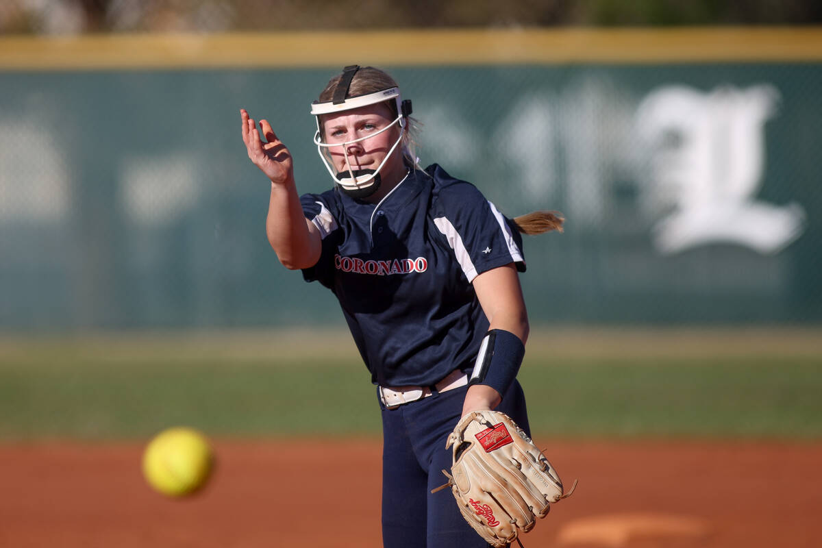 Coronado's Kendall Selitzky (9) throws to Liberty during a high school softball game on Tuesday ...