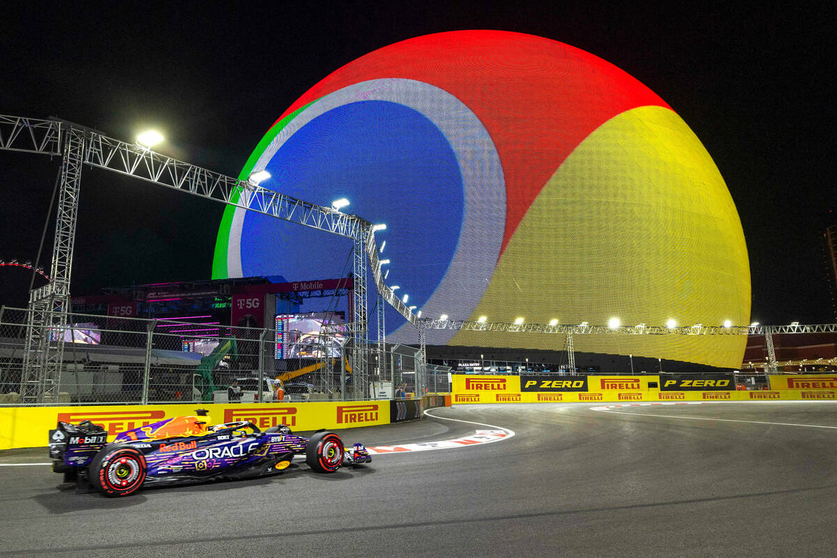 Red Bull Racing driver Max Verstappen turns a corner about the Sphere during the practice sessi ...