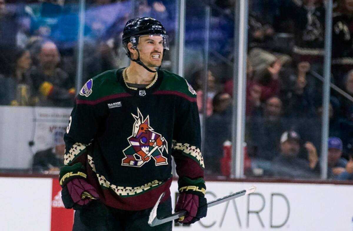 Arizona Coyotes defenseman Josh Brown celebrates his goal against the Vegas Golden Knights duri ...