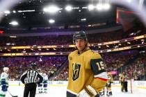 Golden Knights defenseman Noah Hanifin (15) skates into position for a face off during the seco ...