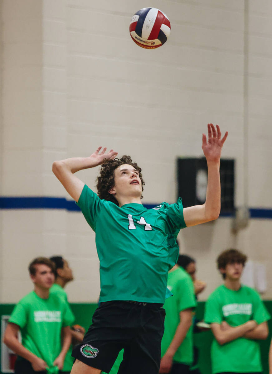 Green Valley libero Dominic Andrulis (14) rallies the ball during a volleyball match between Sh ...